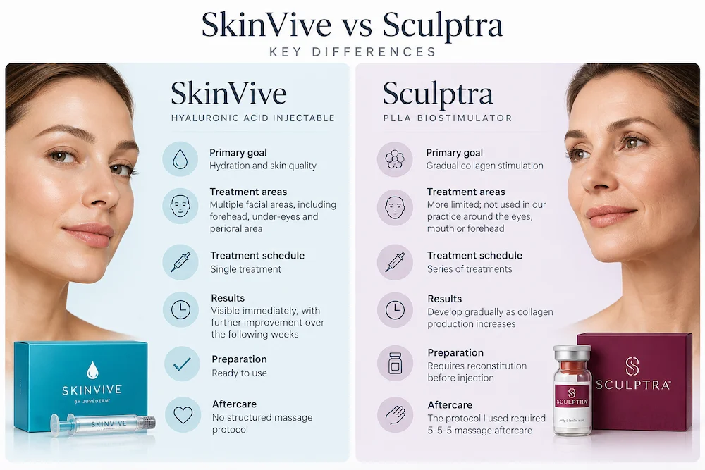 SkinVive vs Sculptra comparison of treatment goals, areas and treatment schedule SkinVive vs Sculptra comparison of treatment goals, areas and treatment schedule