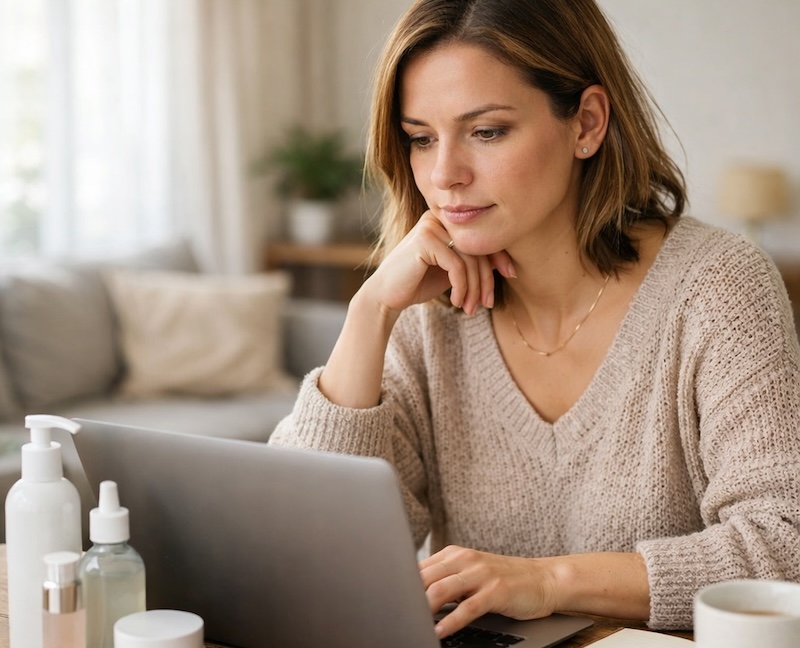 Patient researching microneedling information before choosing a skin treatment