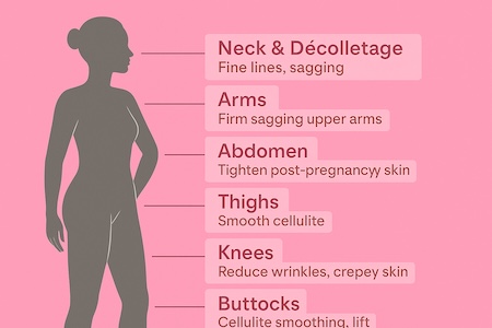 Illustration showing arms, abdomen, thighs, buttocks, knees, and neck treated with RF Microneedling in Toronto
