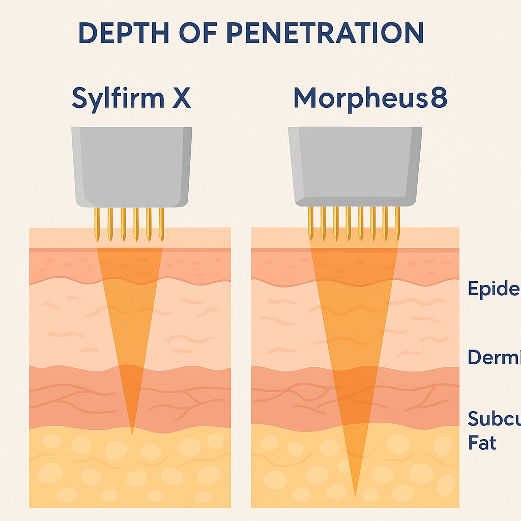 Depth of Penetration: Sylfirm X vs Morpheus8 RF Microneedling Diagram comparing Sylfirm X and Morpheus8 RF microneedling depth of penetration—Sylfirm X targets the dermis, while Morpheus8 reaches the epidermis, dermis, and subcutaneous fat.