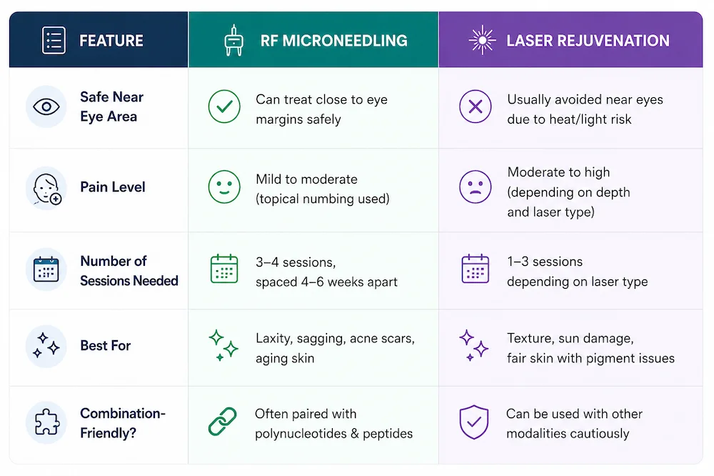RF microneedling vs laser rejuvenation comparison chart for tightening, downtime, and mature skin concerns